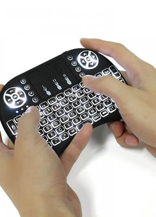 Mini Wireless Keyboard with Touchpad 2.4GHz + Bluetooth – 3-Color LED Backlit – Rechargeable – Black