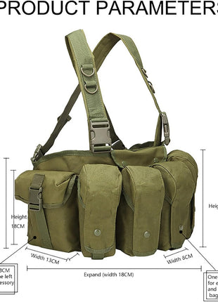 Tactical Chest Rig 600D Oxford Cloth 6‑Magazine Multi‑Pocket Bandolier Vest – Adjustable Shoulder Strap – Green/Khaki/Black