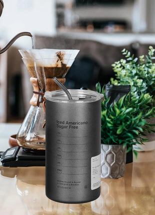 Thermal Insulated Coffee Cup 600ml – 304 Stainless Steel Inner – Vacuum Seal Lid – Reusable Metal Straw – Black