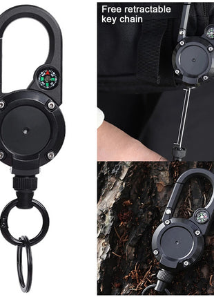 Retractable Keychain 70cm Wire Rope – ABS Carabiner with Compass – Spring-Loaded, Black