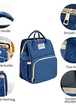 Multifunction Baby Diaper Backpack 35L with Foldable Bed, Waterproof Changing Station & Insulated Pockets – Grey/Navy