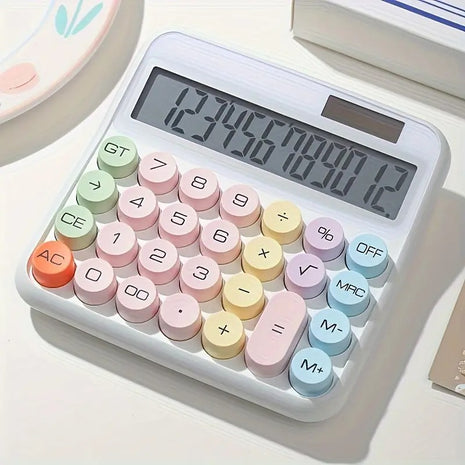 12-Digit Calculator with Pastel Typewriter Keys - ABS Plastic, AA Battery, White