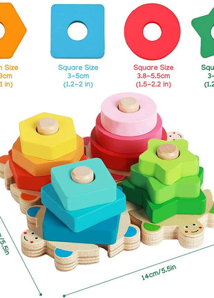 Wooden Turtle Stacking Toy Set – 4 Base Puzzle with 12 Geometric Shapes – Montessori Toddler Activity – Multicolo