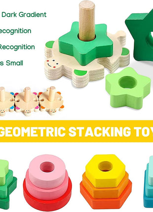 Wooden Turtle Stacking Toy Set – 4 Base Puzzle with 12 Geometric Shapes – Montessori Toddler Activity – Multicolo
