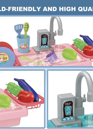 Kids Electric Play Kitchen Sink Toy Set with Running Water Faucet, 19-Piece Pretend Play Dishes & Food