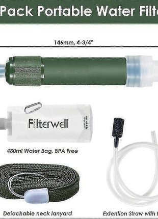 Filterwell Portable Water Filter Straw 4000L – 0.01 Micron Carbon Filtration + BPA-Free Water Bag – Green