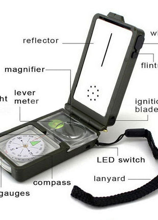 10-in-1 Survival Compass Tool with Thermometer, LED Light, Whistle & Fire Starter – Dark Green