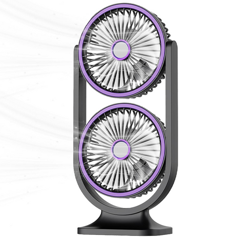 Dual-Head Desktop Fan 360° Adjustable – USB-C Rechargeable with 5 Speeds, Quiet Turbo Cooling, LED Night Light – Black