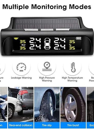Wireless Tire Pressure Monitoring System 4-Sensor – Solar & USB Charging – 0.5–6.0 Bar – LCD Display – IP67 Sensors – Auto Sleep/Wake