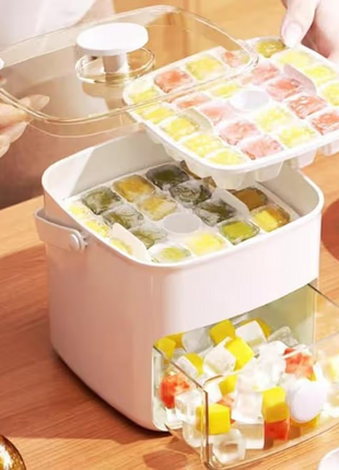 Portable Stackable Ice Cube Tray with Storage Bin & Tongs, 2-Layer Freezer Ice Maker, One-Touch Ice Release, Compact Ice Storage System