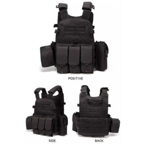 Tactical MOLLE Plate Carrier Vest Adjustable S–2XL – 600D Oxford with 3 Pouches and Drag Handle – Black