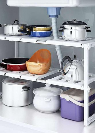 Adjustable 2-Tier ABS Under-Sink Organiser Shelf, 50–70 cm Expandable Storage Rack for Kitchen or Bathroom