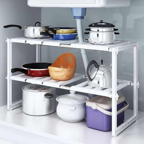 Adjustable 2-Tier ABS Under-Sink Organiser Shelf, 50–70 cm Expandable Storage Rack for Kitchen or Bathroom