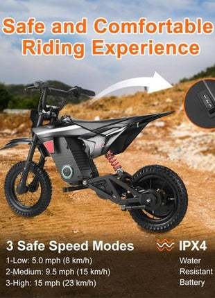 Kids Electric Dirt Bike 24V 250W Electric Motorcycle with 3 Speed Modes, IPX4, 25 km/h, 10–15 km Range, Ages 3–13