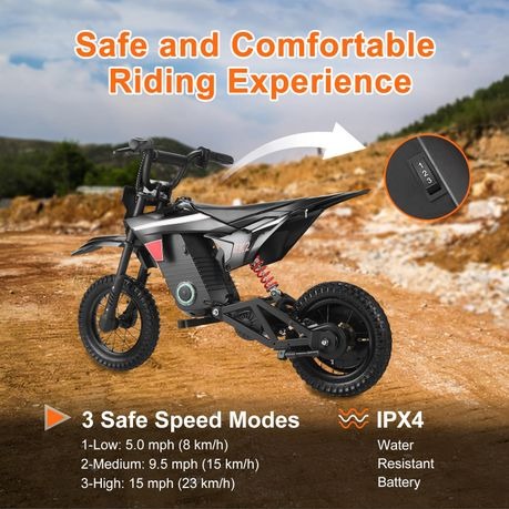 Kids Electric Dirt Bike 24V 250W Electric Motorcycle with 3 Speed Modes, IPX4, 25 km/h, 10–15 km Range, Ages 3–13