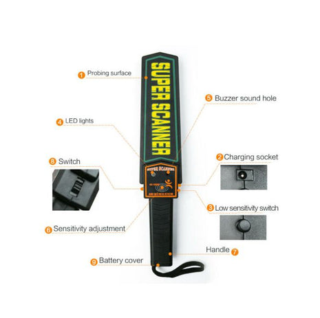 Handheld Metal Detector Wand – 400 mm × 80 mm, Adjustable Sensitivity, Dual Alarm – Black