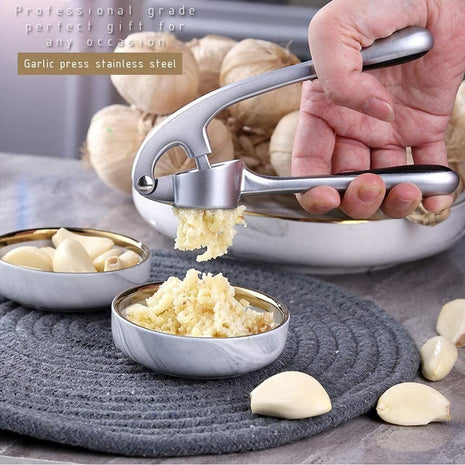 Garlic Press Tool Heavy-Duty Metal – Whole Clove Mincer – Dishwasher Safe – Silver