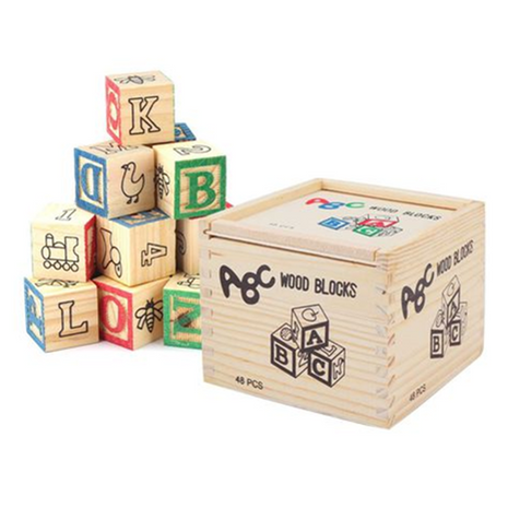 ABC Wooden Blocks Set 48-Piece – 3cm Solid Wood Cubes with Letters & Pictures – Includes Storage Box
