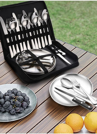 20-Piece Camping Utensil Set – Stainless Steel Outdoor Cooking Cutlery Kit with Plates, Tongs, Opener & Carry Bag