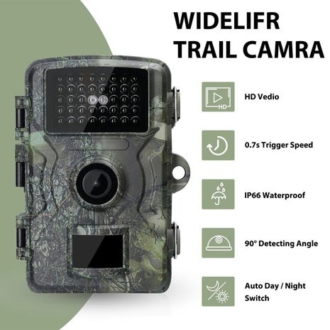 Trail Camera 16MP HD 1080P with Night Vision – 0.7s Trigger, PIR Sensor, IP66 Waterproof, Camo DL001