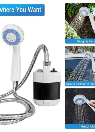 Portable Outdoor Shower 4–5L/min – USB Rechargeable 2200mAh Battery – ABS + 1.5m Hose – Suction & Hook