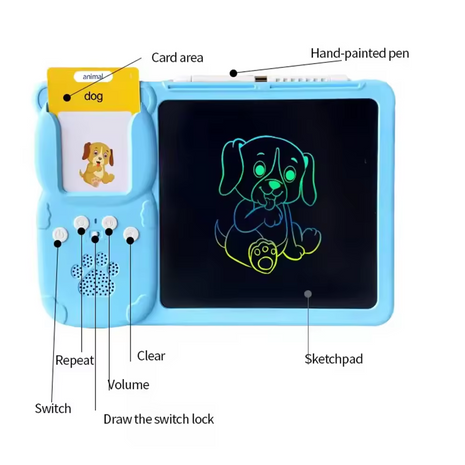 Children's LCD Handwriting Board + 112 Flash Cards – ABS Learning Tablet with Talking Reader – Drawing Toy for Kids 3–7