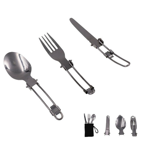 Folding Cutlery Set 3-Piece – Stainless Steel Camping Utensils with Knife, Fork, Spoon + Nylon Pouch – Compact Travel Silverware