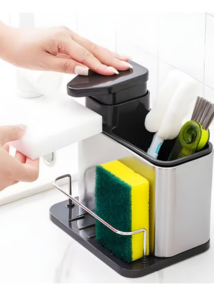 Stainless Steel Soap Dispenser and Sponge Holder – 2-in-1 Sink Organizer with Pump, Drainage Tray & Non-Slip Base – Silver
