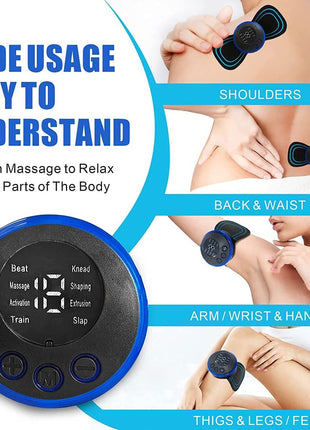 Compact and USB‑rechargeable EMS massager pad designed for neck, back, waist, arms or legs. Offers 8 modes and 19 intensity levels.