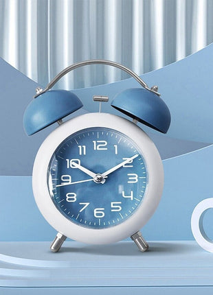 Twin Bell Alarm Clock 110mm Silent Quartz – Loud Retro Analog Bedside Clock with Backlight – Blue/White Metal