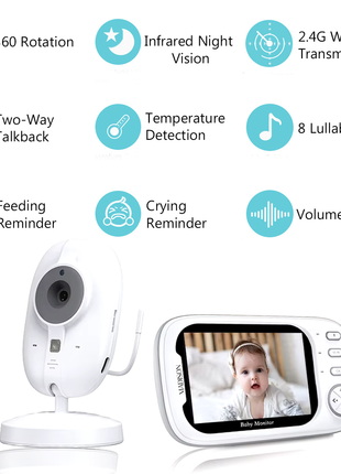 Madison Wireless Video Baby Monitor with 9 cm Screen, 720P HD Camera, 360° Rotation, Night Vision, Two-Way Talk, Crying Alert, 1.5 Meter Range, and Lullabies