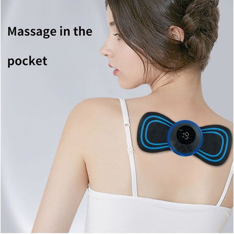Compact and USB‑rechargeable EMS massager pad designed for neck, back, waist, arms or legs. Offers 8 modes and 19 intensity levels.