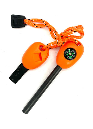 5-in-1 Fire Starter Ferro Rod 11 cm – Magnesium Flint Tool with Compass, Whistle, Scraper – Orange Survival Kit