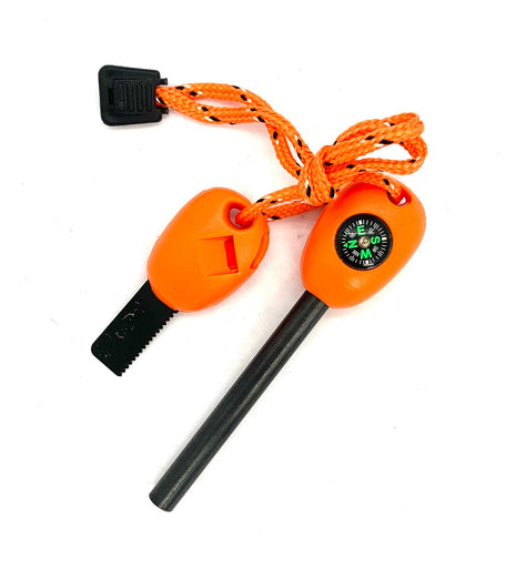 5-in-1 Fire Starter Ferro Rod 11 cm – Magnesium Flint Tool with Compass, Whistle, Scraper – Orange Survival Kit