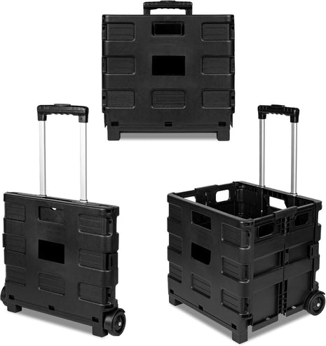 Foldable Plastic Trolley Cart 25kg Capacity with Telescopic Handle and Rubber Wheels – Black