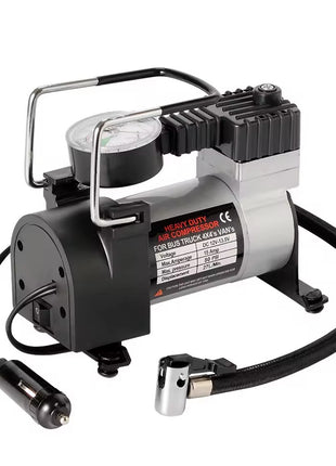 Heavy Duty DC12V Air Compressor 35L/min – Metal Construction – 140 PSI Max – with Hose & Nozzles – Black and Silver