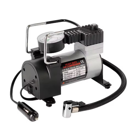 Heavy Duty DC12V Air Compressor 35L/min – Metal Construction – 140 PSI Max – with Hose & Nozzles – Black and Silver