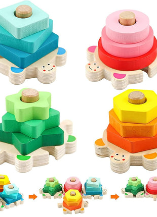 Wooden Turtle Stacking Toy Set – 4 Base Puzzle with 12 Geometric Shapes – Montessori Toddler Activity – Multicolo