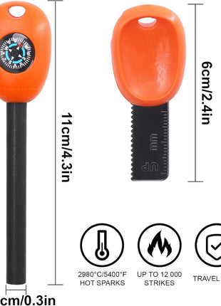5-in-1 Fire Starter Ferro Rod 11 cm – Magnesium Flint Tool with Compass, Whistle, Scraper – Orange Survival Kit