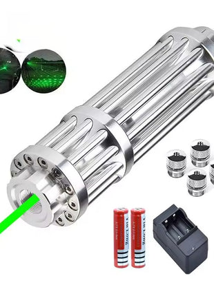 Green Laser Pointer 500mW Adjustable Focus – Long-Range Class B with Glasses, Beam Caps & Case – Silver Aluminum