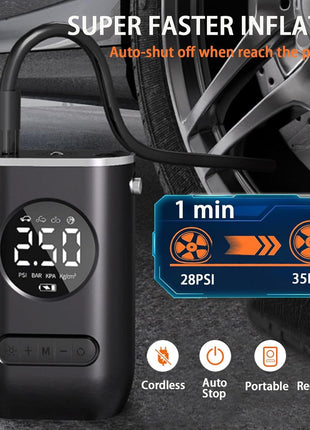 Cordless Mini Air Compressor 150 PSI – 4000mAh Rechargeable Tyre Inflator with LED Light, USB-C – Digital Pump for Car, Bike, Ball