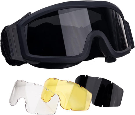 Sport Safety Goggles Kit – 1 Frame + 3 Polycarbonate Lenses (Grey/Yellow/Clear) – TPU Frame – Colour Choice Green/Black/Khaki