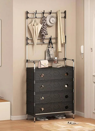 4-Tier Shoe Storage Cabinet with Coat Rack, Removable Shelf Divider, Galvanised Steel Tube & PP Panels