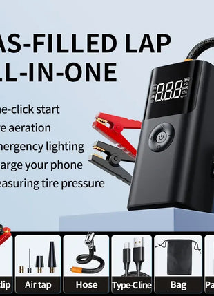 Portable Jump Starter Air Pump, ABS Plastic 12V Emergency Power Bank with Tire Pressure Display and LED Light