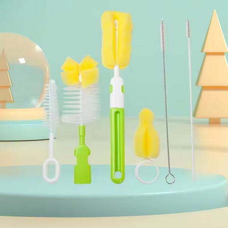 5-Piece Baby Bottle Brush Set – Sponge + PP – Bottle, Nipple, Pacifier, Straw Cleaning