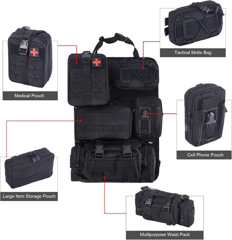 Tactical Seat Organizer 6-Piece Kit with MOLLE Pouches – 1000D Nylon – Universal Fit