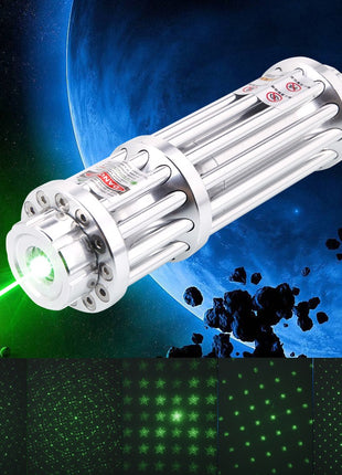 Green Laser Pointer 500mW Adjustable Focus – Long-Range Class B with Glasses, Beam Caps & Case – Silver Aluminum