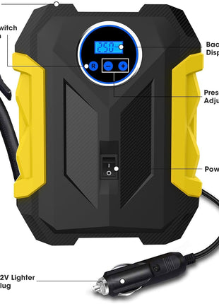 Digital Tyre Inflator 150PSI 12V – Fast Air Compressor with Auto Shut-Off, LED Display & 4 Nozzles
