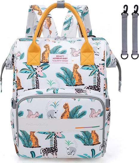 Baby Diaper Backpack 25L Waterproof – Insulated Bottle Pockets + Tissue Slot + Stroller Straps – Safari Animal Print