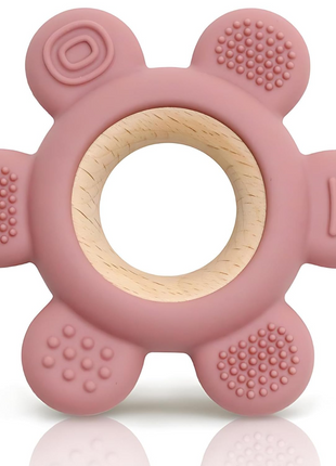 Silicone Teether Ring for Babies – 6 Multi-Texture Chew Points + Natural Wood Grip – Pastel Multicolour